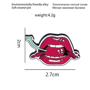 Lip shaped enamel pin featuring a red mouth biting a cherry stalk in high quality alloy
