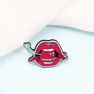 Creative red lips biting cherry enamel pin with pop art style and mint green stem