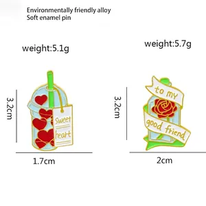 Lot de pins en émail dessin animé avec tasse de thé au lait et flacon de rose