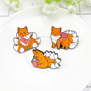 Cartoon kitsune enamel pins set featuring a fox delivering letters and reading on a tray