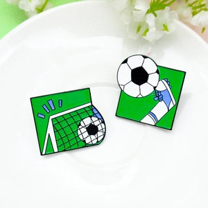Cartoon soccer enamel pins set showing a goal and blue cleat kicking a ball