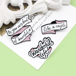 Three-piece enamel brooch set with Wanderful Life and ribbon text designs for women