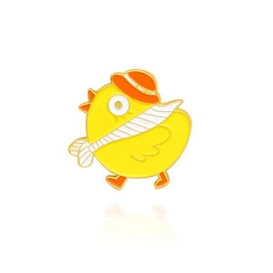 Cute cartoon chicken enamel brooch with orange hat and white scarf on white background