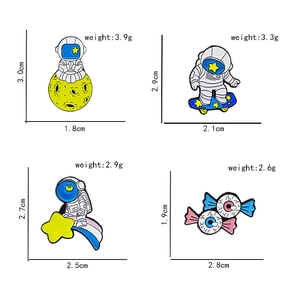 Set of 4 creative astronaut and candy enamel pins with dimensions and weight specs