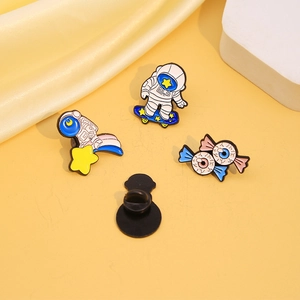 Creative astronaut skateboarding on rainbow and eye candy enamel pin set with yellow background