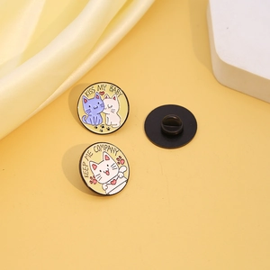 Set of cute cartoon cat round enamel pins with Kiss My Baby and Keep Me Company slogans