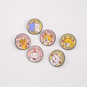 Set of 6 cute cartoon animal enamel pins featuring happy cats and dogs on white background
