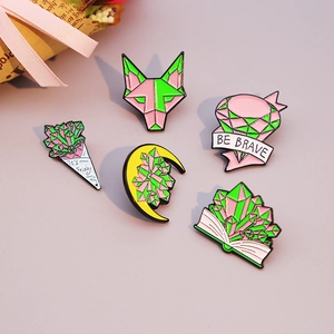 5-piece colorful crystal geometric enamel pin set including fox and floral designs