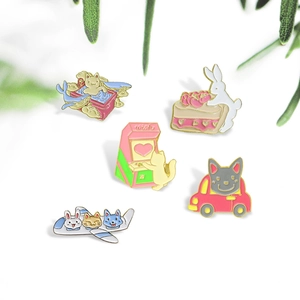5-piece set of cartoon animal enamel pins featuring cat, rabbit, and dog in macaron colors