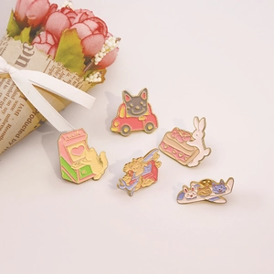 Cute cartoon animal enamel pins featuring a cat playing games and a dog driving a red car