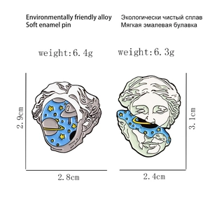 Detail view of artistic enamel pins with starry sky sculpture design and measurements