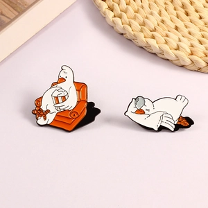Cute cartoon white goose enamel pins set showing a goose eating popcorn and sleeping