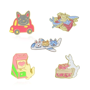 5-piece cartoon enamel pin set featuring cute animals like cat, rabbit and dog