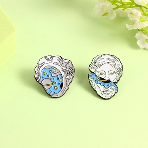 Starry sky classical sculpture enamel pins with surrealist cosmic face design for clothing
