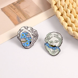 Surrealist starry sky split head enamel brooches with classical statue and UFO designs