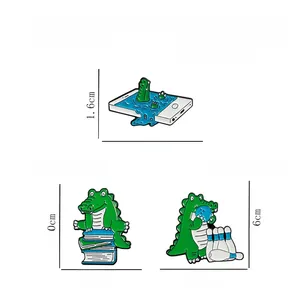 Detailed size and weight chart for three cute cartoon crocodile enamel pins