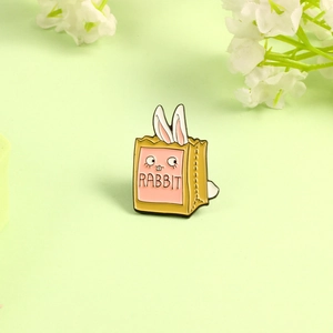 Cute white bunny in yellow rabbit paper bag enamel brooch with floral background