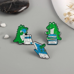 Cartoon Crocodile Enamel Brooch Pin Alloy Painted Cute Dinosaur Reading Books Bowling Smartphone Badge For Women Men