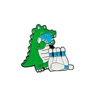 Cute green dinosaur bowling enamel pin made of polished zinc alloy with vibrant colors