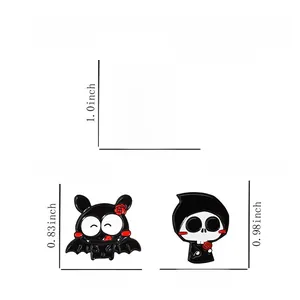 Detailed view of Halloween alloy pins set with mummy, bat and reaper icons and dimensions