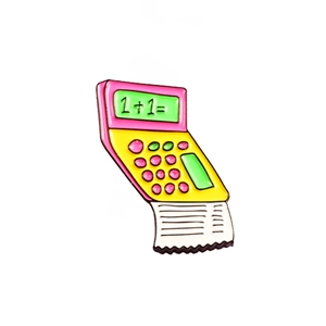 Creative enamel calculator brooch with pink and yellow design and paper receipt detail