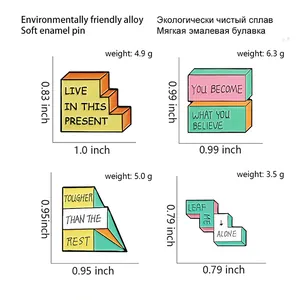 Detailed size chart for enamel pins showing dimensions and weight for four trendy designs