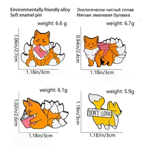 Detailed size chart for cartoon fox enamel pins with weight and dimension specifications