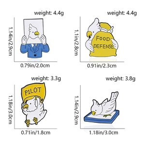 Set of four cartoon white parrot enamel pins with detailed size and weight measurements