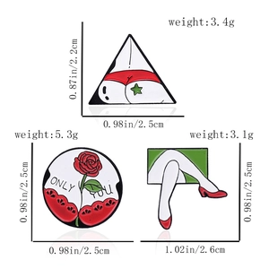 Detailed view of enamel pins set featuring rose and legs with precise size measurements