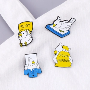 Funny cartoon pigeon enamel pins set with pilot and food defense designs on canvas bag