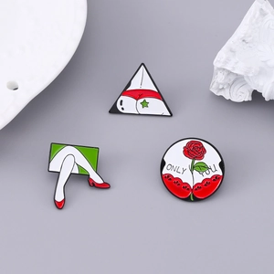 Three-piece enamel brooch set with red rose, ONLY YOU lettering, and high heels