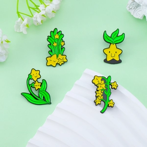 Épinglette en Émail Dessin Animé Étoile Souriante Jaune Plante Verte Fleur Badge Broche en Alliage Accessoires pour Vêtements Sac à Dos Cadeau Enfants