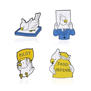 Set of 4 funny white cockatoo enamel pins with Pilot and Food Defense designs