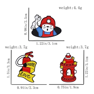 Detailed size and weight chart for firefighter seal, fire extinguisher, and hydrant enamel pins