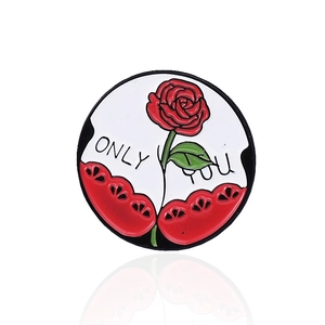 Enamel brooch with red rose and Only You text on round white background pin