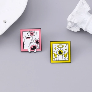 Surrealist Artistic Enamel Brooch Pin Square Cartoon Angel And Multi-Eyed Eyes Badge For Clothing Backpack Accessories
