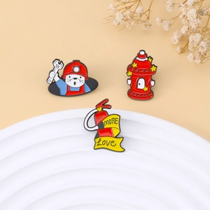 Three cartoon firefighter enamel pins set featuring hydrant and extinguisher icons