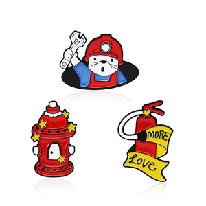 Cartoon enamel pin set with firefighter cat hydrant and fire extinguisher icons