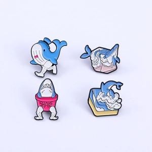 Creative cartoon ocean whale and shark enamel pin set with humorous walking legs design