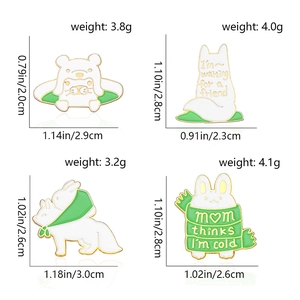 Detailed size and weight chart for four cute enamel animal brooches with bunny and cat
