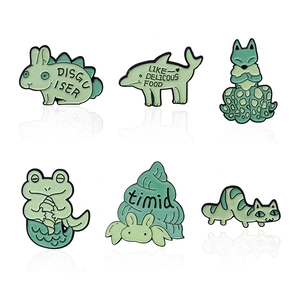 Set of 6 cute green enamel pins featuring rabbit, fox, frog, and caterpillar animals