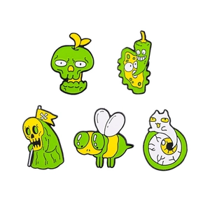 Lot de pins en émail vert avec pomme squelette et abeille au design créatif cartoon