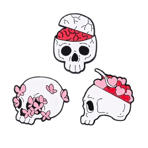 Pink butterfly skull and heart candy skeleton enamel brooch pin 3-piece set