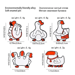 Size chart for 5 funny white goose enamel pins with weight and dimensions in cm and inches