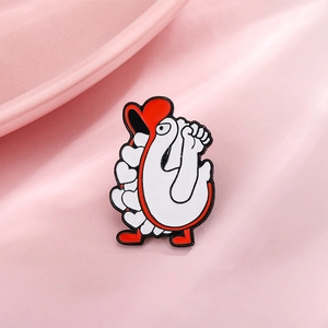 Funny white goose enamel pin with red heart design on pink silk background