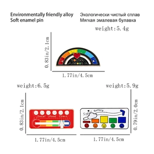 Detail view of adjustable mood enamel pins showing exact dimensions and weight measurements