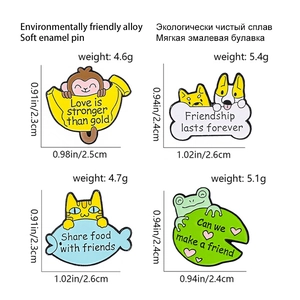Detailed size and weight specs for enamel cartoon animal brooches with friendship phrases