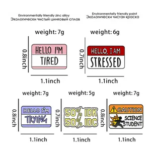 Detailed size chart for enamel quote lapel pins including dimensions and zinc alloy material