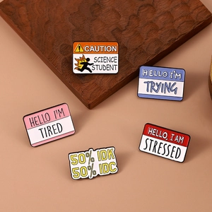Creative Enamel Name Tag Brooch Pins Hello I Am Stressed Tired Trying Caution Science Student Zinc Alloy Humorous Badge Gift