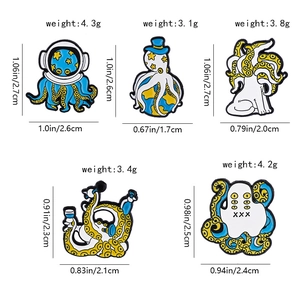 Detailed view of various octopus enamel pins with precise dimensions and weight specs